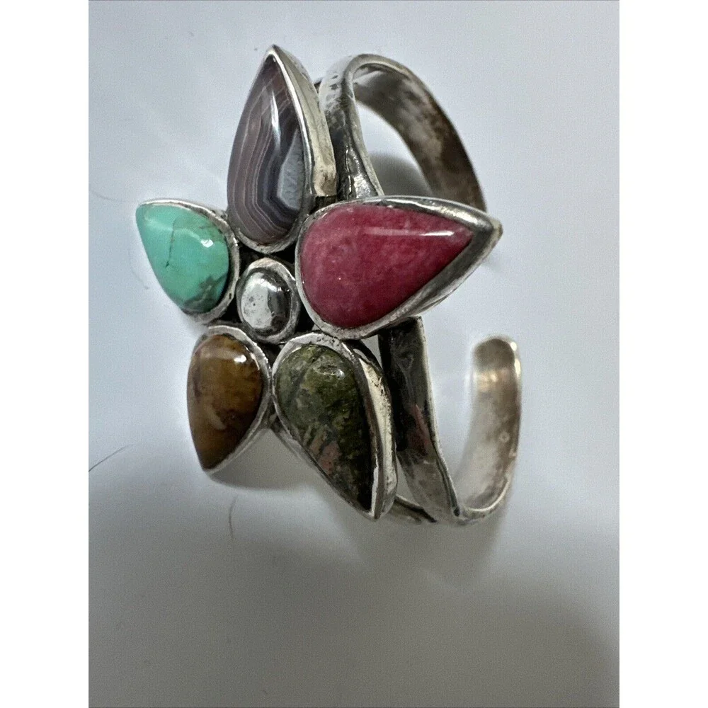 Barse Multi Gemstone Flower 925 Sterling Silver Cuff Bracelet